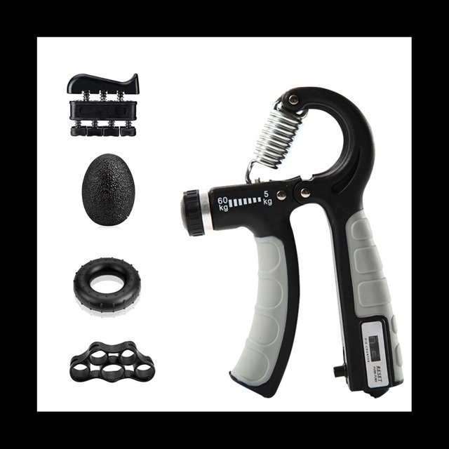 5pack grip strength trainer kit ajustable count hand grip set con ejercitador de dedos ejercitador de extensión de mano gris vista frontal del kit en gris con fortalecedor de agarre ajustable y dial de resistencia (20–60 kg), empuñadura con insertos de goma, resorte expuesto y contador; columna izquierda muestra ejercitador de dedos de cuatro botones, bola antiestrés ovalada texturada, anillo de entrenamiento para antebrazo y anillo separador de dedos. Fondo blanco. Tamaño aproximado 16,5 x 11,5 x 2,2 cm.