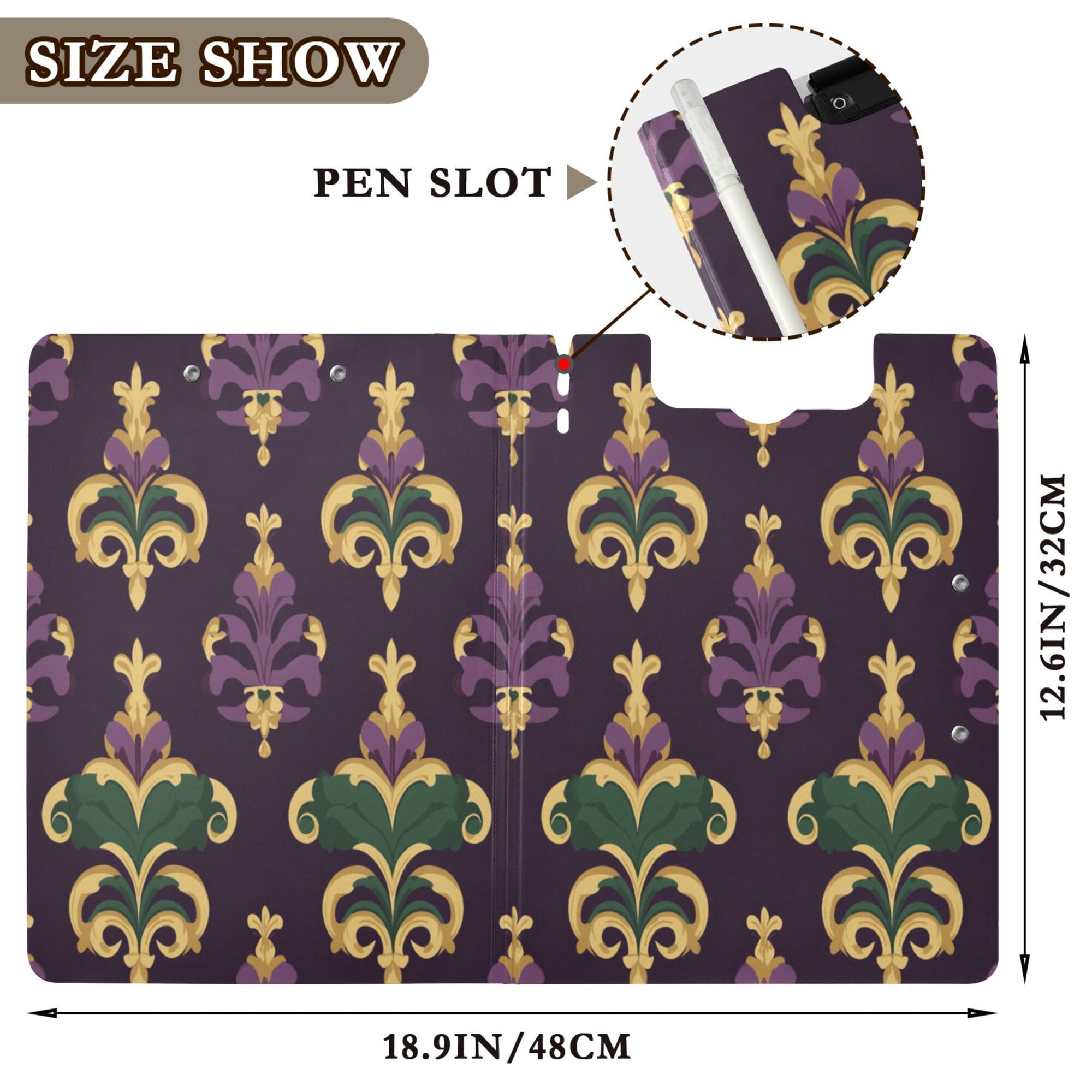 FORMRS A4 Clipboard Folder with Pen Holder Horizontal Foldable School Office Binder, Gold and Purple Floral Pattern