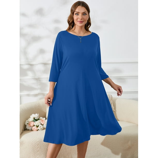 SHOWMALL Womens Plus Size Midi Dresses Royal Blue 1X Shirt Dresses 3/4  Sleeves Casual Dress Boat Neck Flowy Dress with Pockets - Walmart Business  Supplies