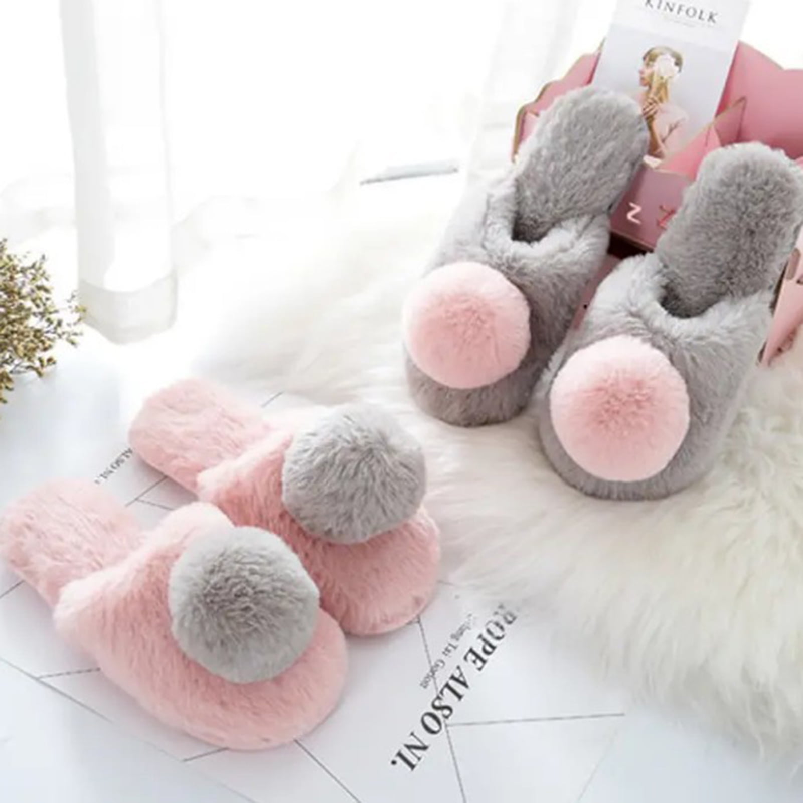 HEVIRGO Autumn Winter Women Cute Pompom Thick Warm Plush Anti Skid Slippers Indoor Shoes