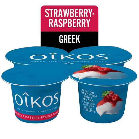 Oikos Greek Yogurt, Strawberry-Raspberry Flavour, Fruit on Bottom, 2% M.F., 4 x 100 g