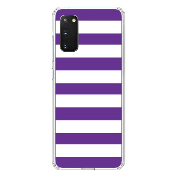 DistinctInk Clear Shockproof Hybrid Case for Galaxy S20 / S20 5G (6.2" Screen) - TPU Bumper, Acrylic Back, Tempered Glass Screen Protector - Purple & White Bold Horizontal Stripes