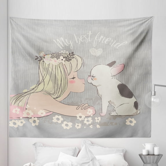 Dog Lover Tapestry, Girl and Little Puppy Doodle with My Best Friend Calligraphy, Fabric Wall Hanging Decor for Bedroom Living Room Dorm, 5 Sizes, Multicolor, by Ambesonne