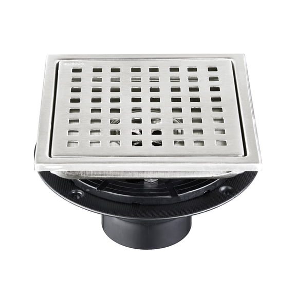 6 Inch Square Shower Drain Brushed Nickel 304 Stainless Steel with Removable Grate Flange and Hair Strainer