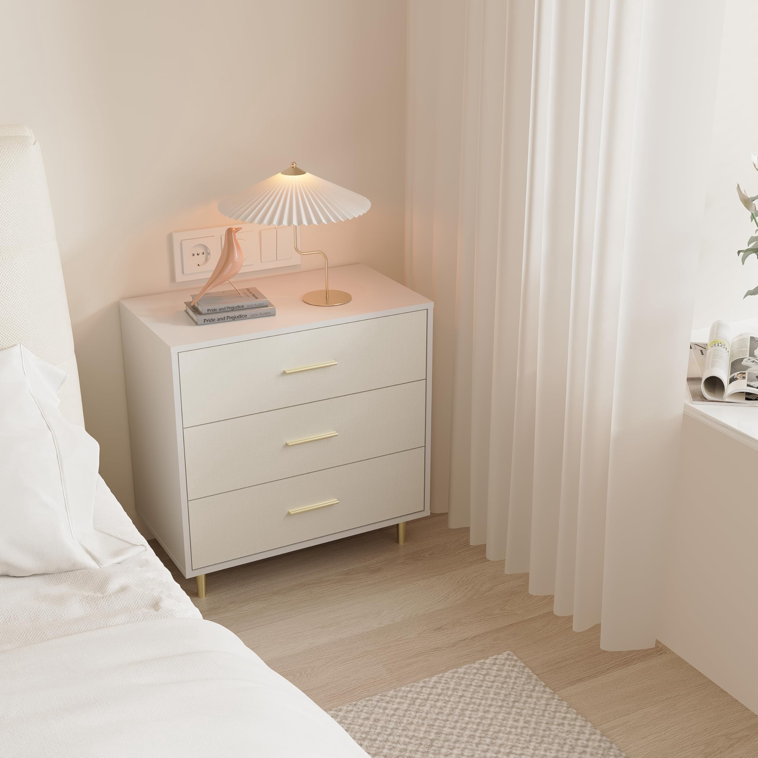 Kselythan 3 Drawer Dresser,Modern White Chest of Drawers,Nightstand for Bedroom with Gold Handles and Legs,Wooden Nightstand with Drawers, Narrow Accent Cabinet End Table for Living Room,Bedroom