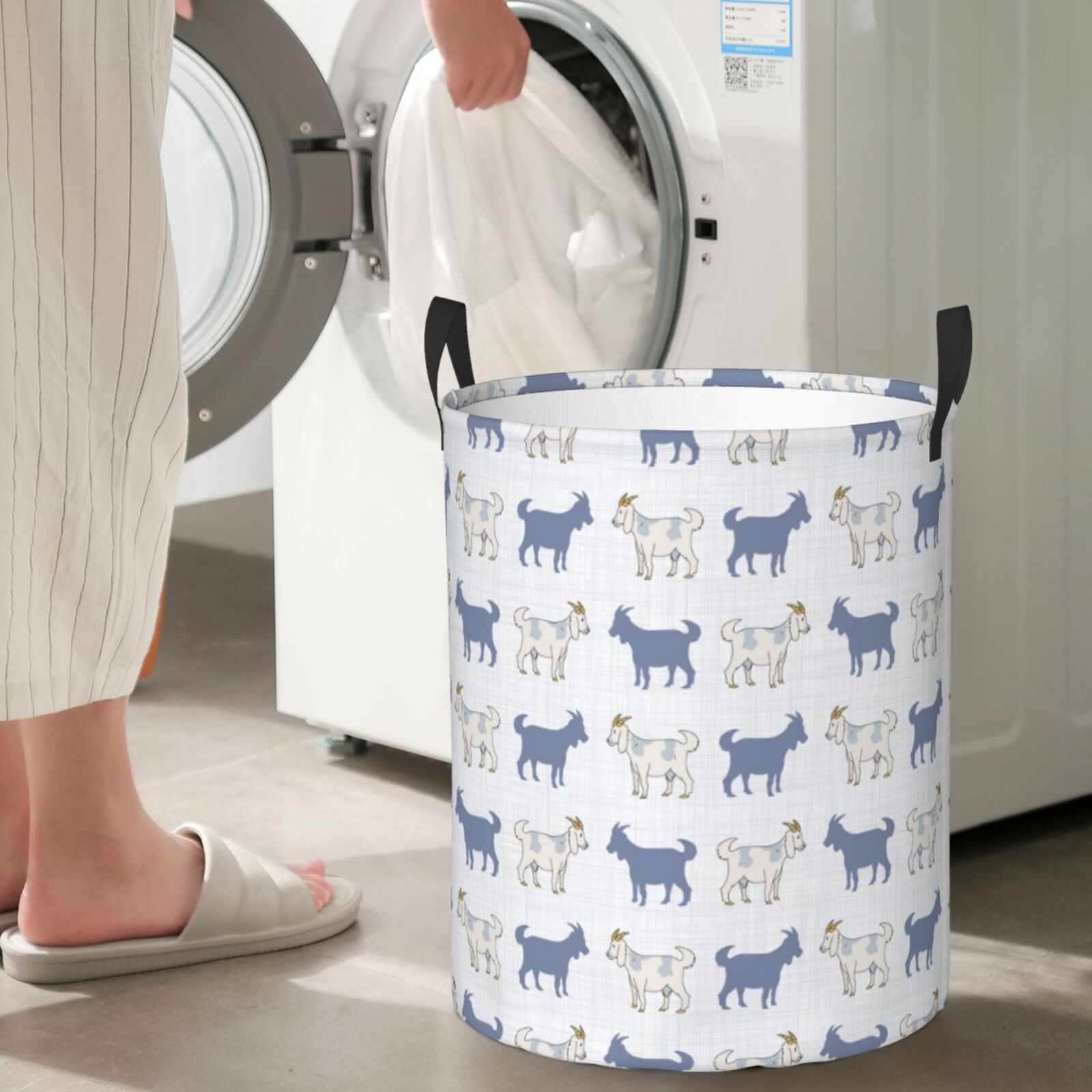 Large Laundry Basket with Handles - Plaid Cartoon Cute Goat Kids Baby Dirty Clothes Laundry Hamper for Bedroom Aesthetic