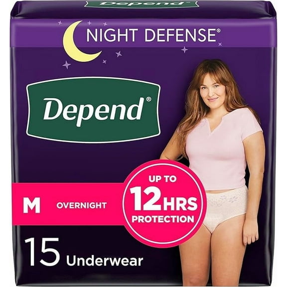 Depend Night Defense Adult Incontinence Underwear for Women, Disposable, Overnight, Medium, Blush, 15 Count
