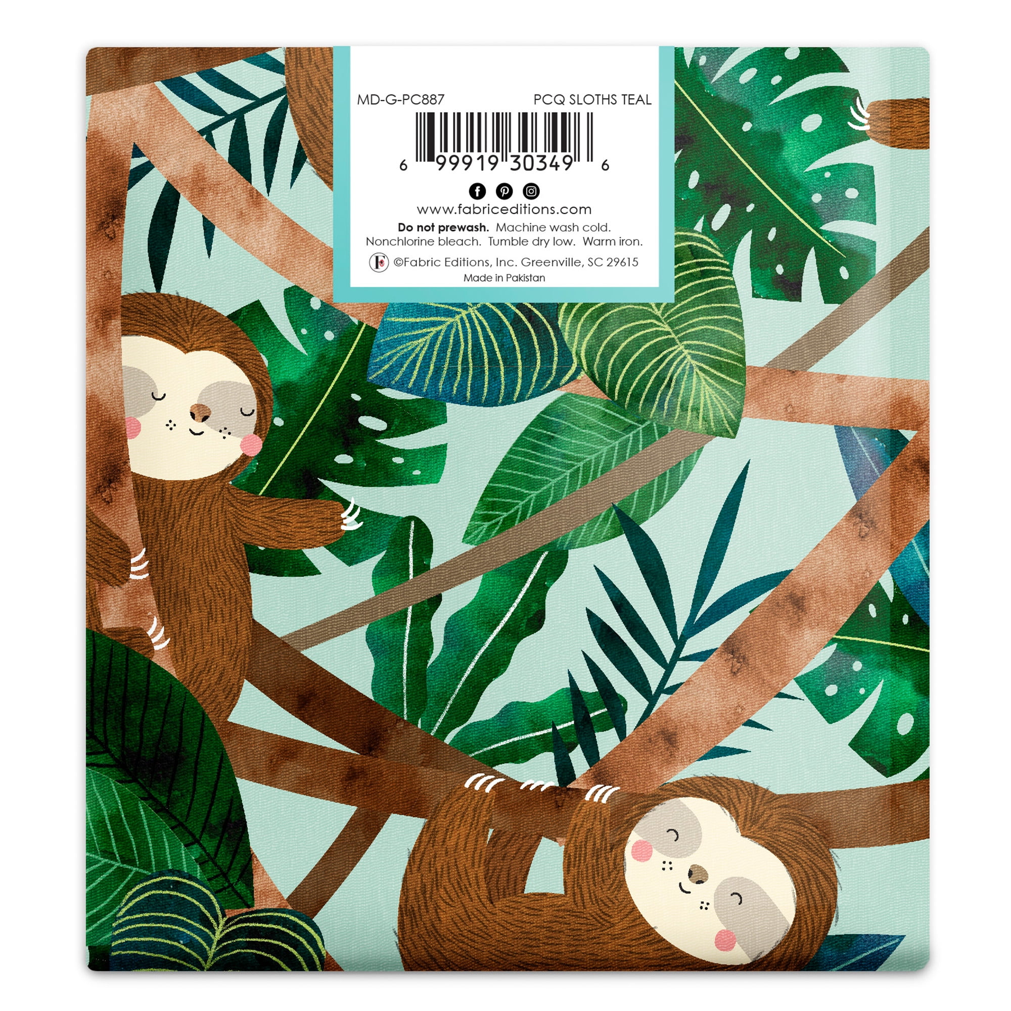 Create It 18"x21" Cotton Sloths Precut Sewing & Craft Fabric, Teal 10 Pieces