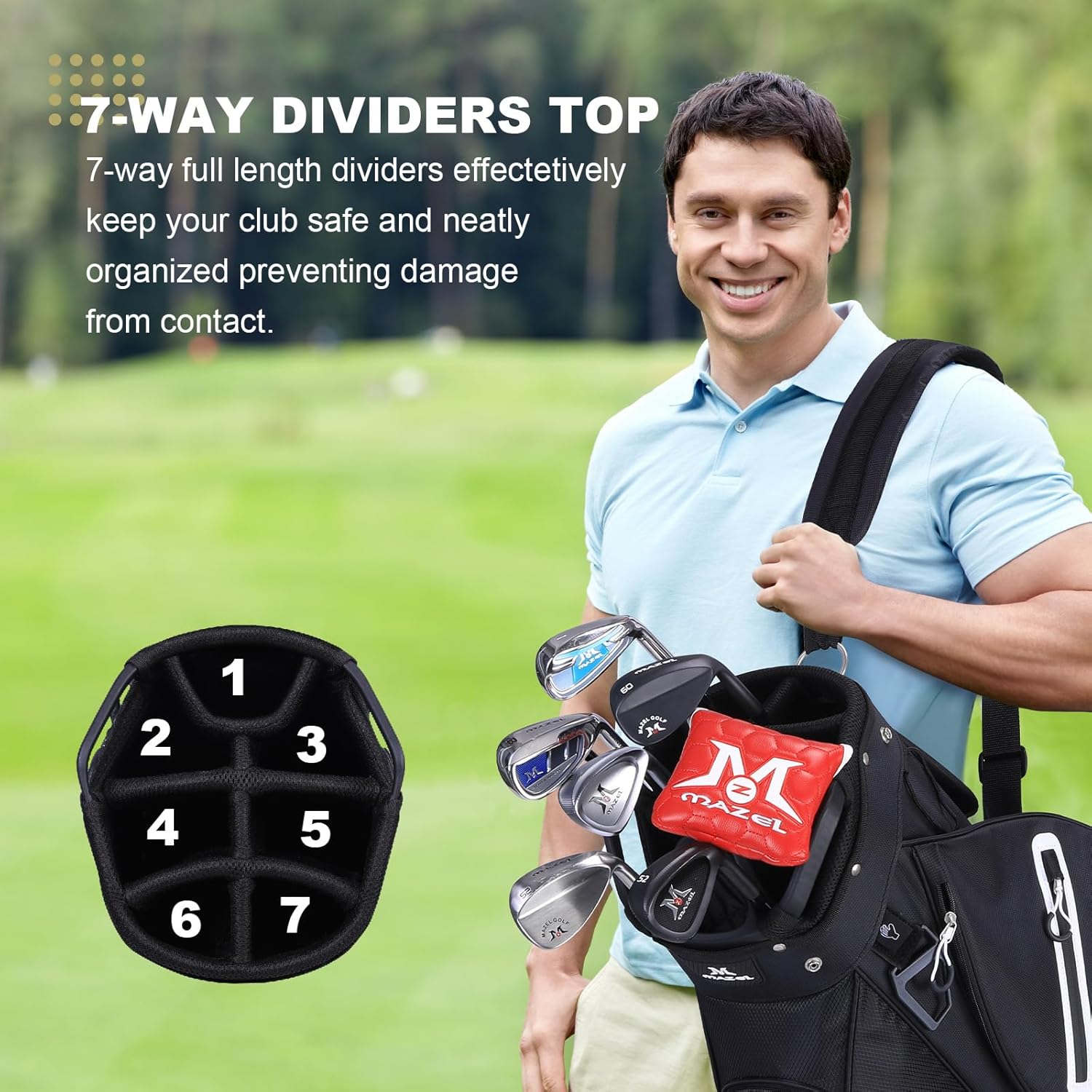 MAZEL Golf Cart Bag with 7-Way Full Length Dividers Top and 9 Pockets,Lightweight Golf Club Bag for Men & Women