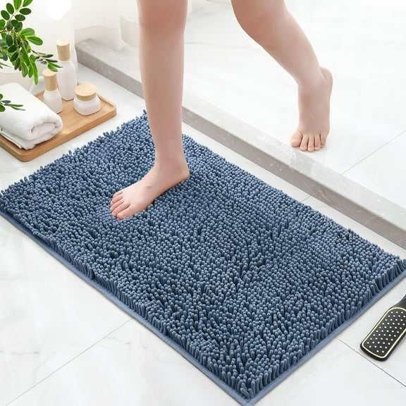 LKYUHGS-Luxury Thick Bathroom Rugs, Ultra Soft Absorbent Chenille Bath Rugs, Machine Washable Quick Dry Shaggy Shower Bathroom Floor Mat, Non-Slip Plush Shaggy Bath Carpet, Blue, 17" x 24"