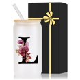 thumbnail image 1 of Vaso Wulcea de vidrio con monograma de 470 ml con tapa y pajita, 1 of 6
