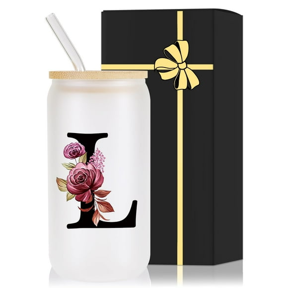 Vaso Wulcea de vidrio con monograma de 470 ml con tapa y pajita