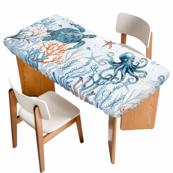 Blue Turtle Coastal Table Cloths for 6 Foot Rectangle Tables, Octopus Summer Beach Coral Seahorse Patio Waterproof Elastic Fitted Tablecloths, Washable Rectangular Table Cover for Camping