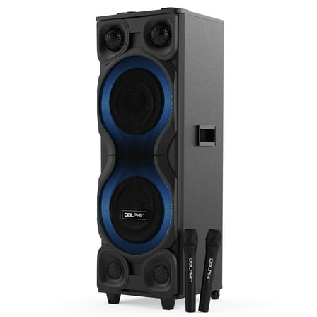 Dolphin High-Power Big Party Speaker – X-BASS, Strobe & LED Infinity Lights, Bluetooth, Wood Cabinet MDF, 2 UHF Wireless Mics, 120W, Long-Lasting Battery for DJ & Karaoke