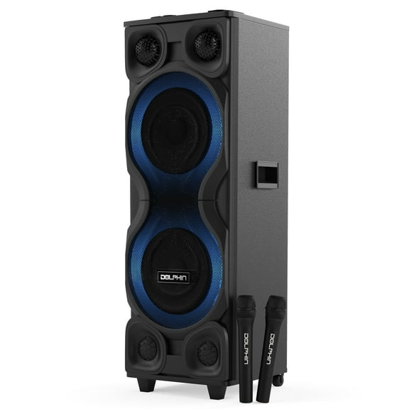 Dolphin High-Power Big Party Speaker – X-BASS, Strobe & LED Infinity Lights, Bluetooth, Wood Cabinet MDF, 2 UHF Wireless Mics, 120W, Long-Lasting Battery for DJ & Karaoke
