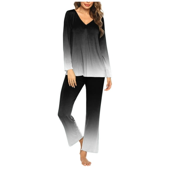 Pajama Sets for Women 2 Piece V-Neck Sleepwear Loungewear Gradient Lounge Outfits Long Sleeve Loose Pjs Suits (Black L)