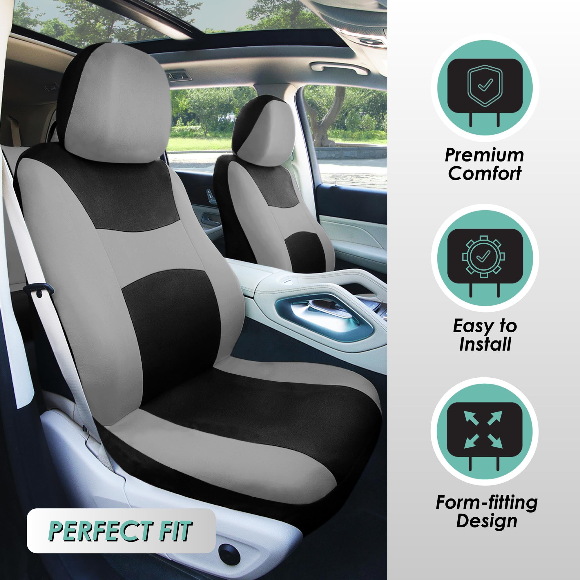 FH Group Light & Breezy Flat Cloth Car Seat Cover Set For Car Truck SUV Van Gray - Front