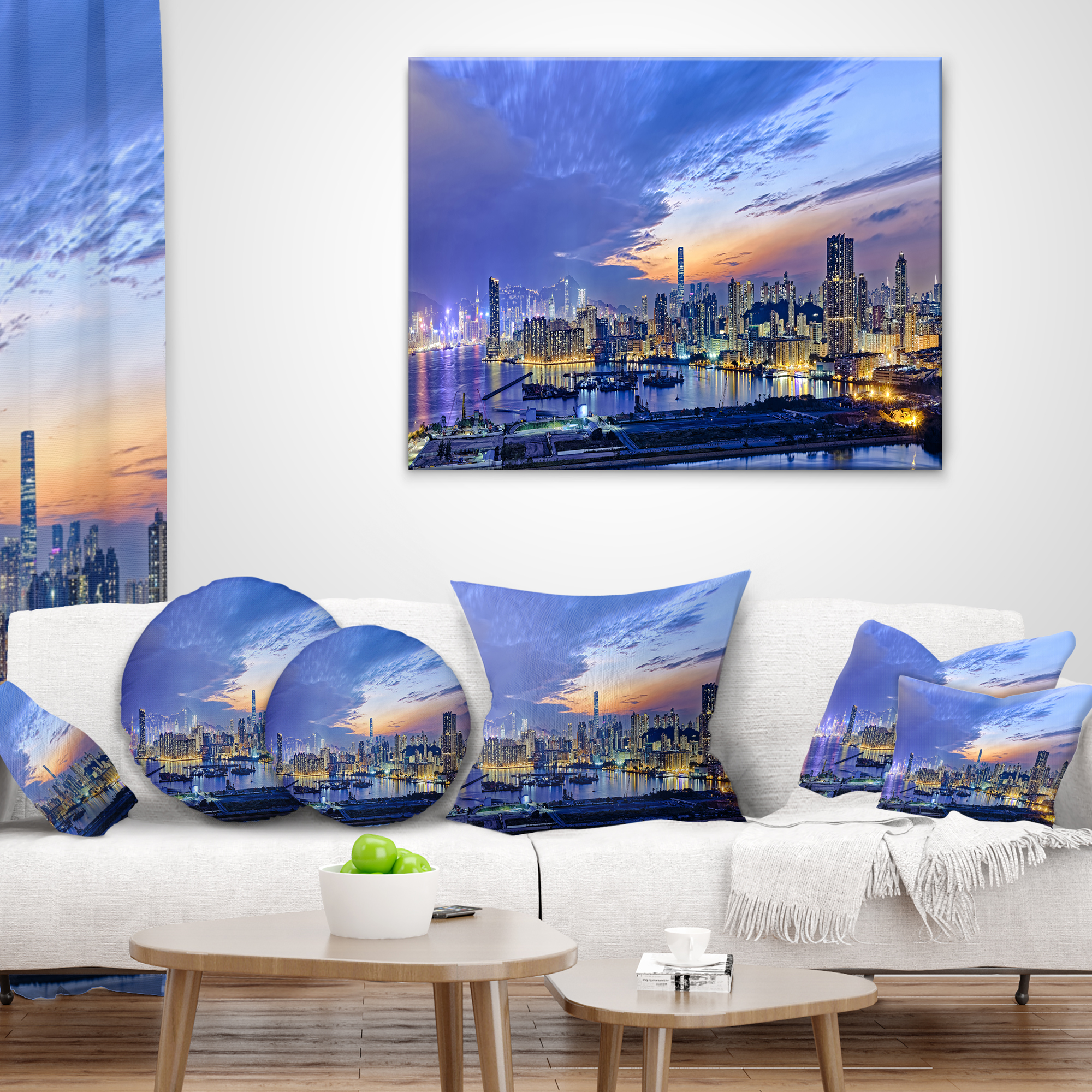 Designart Hong Kong City Sunset Panorama - Cityscape Throw Pillow - 16x16