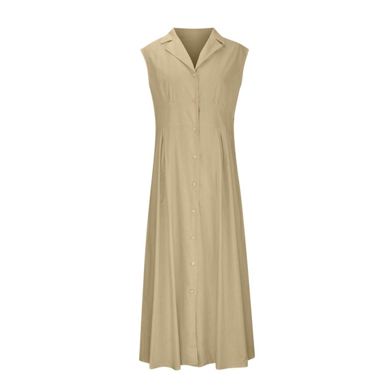 Linen Flowing Gauze Dresses for Women Petite Full Button Down V Neck Lapel  Collared Shirt Dresses Sleeveless Flowy Wedding Guest Maxi Dresses Khaki M  - Walmart.com