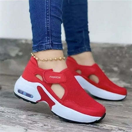 

YOTAMI Casual Single Shoes for Women Flat-Bottomed Thick-Soled Flying Woven Old Sneakers Shoes Red 8.5