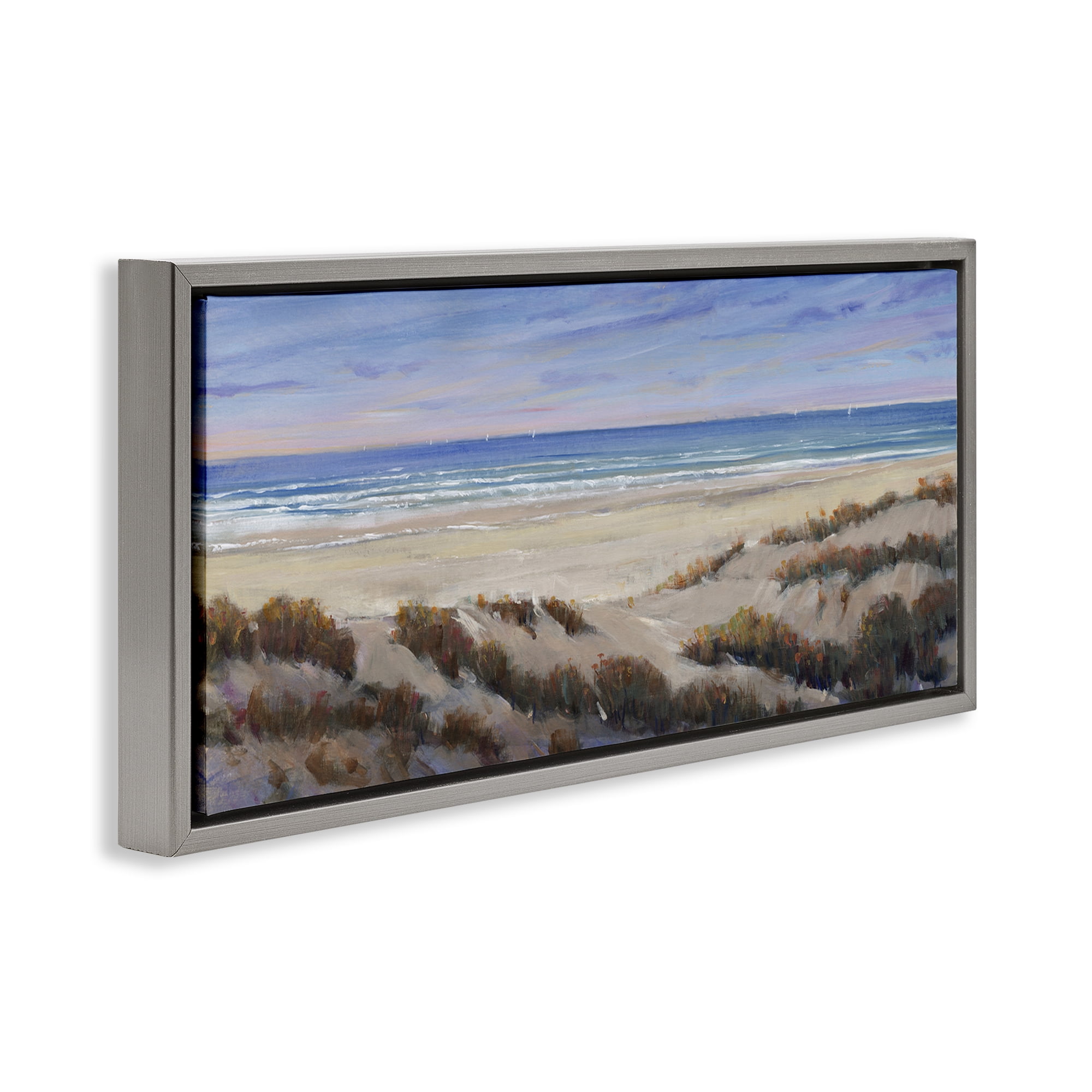 Stupell Industries Grassy Beach View Nautical & Beach Painting Gray Floater Framed Canvas Art Print Wall Art, 31 x 14