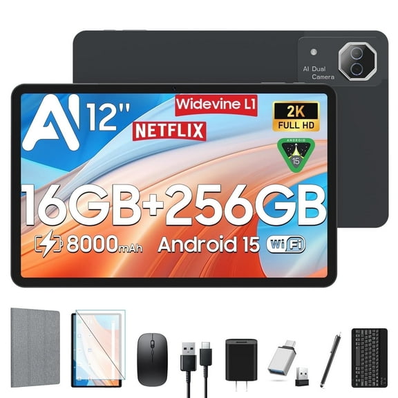 12 inch Tablet,Android 15 Tablets with 256GB ROM,Helio G99 Octa-Core for Gaming,5G WiFi Tableta,2K Display,2TB Expand,8000mAh,Quad Speaker,Dual Camera,AI,Widevine L1,GPS,Android Tablet with Keyboard