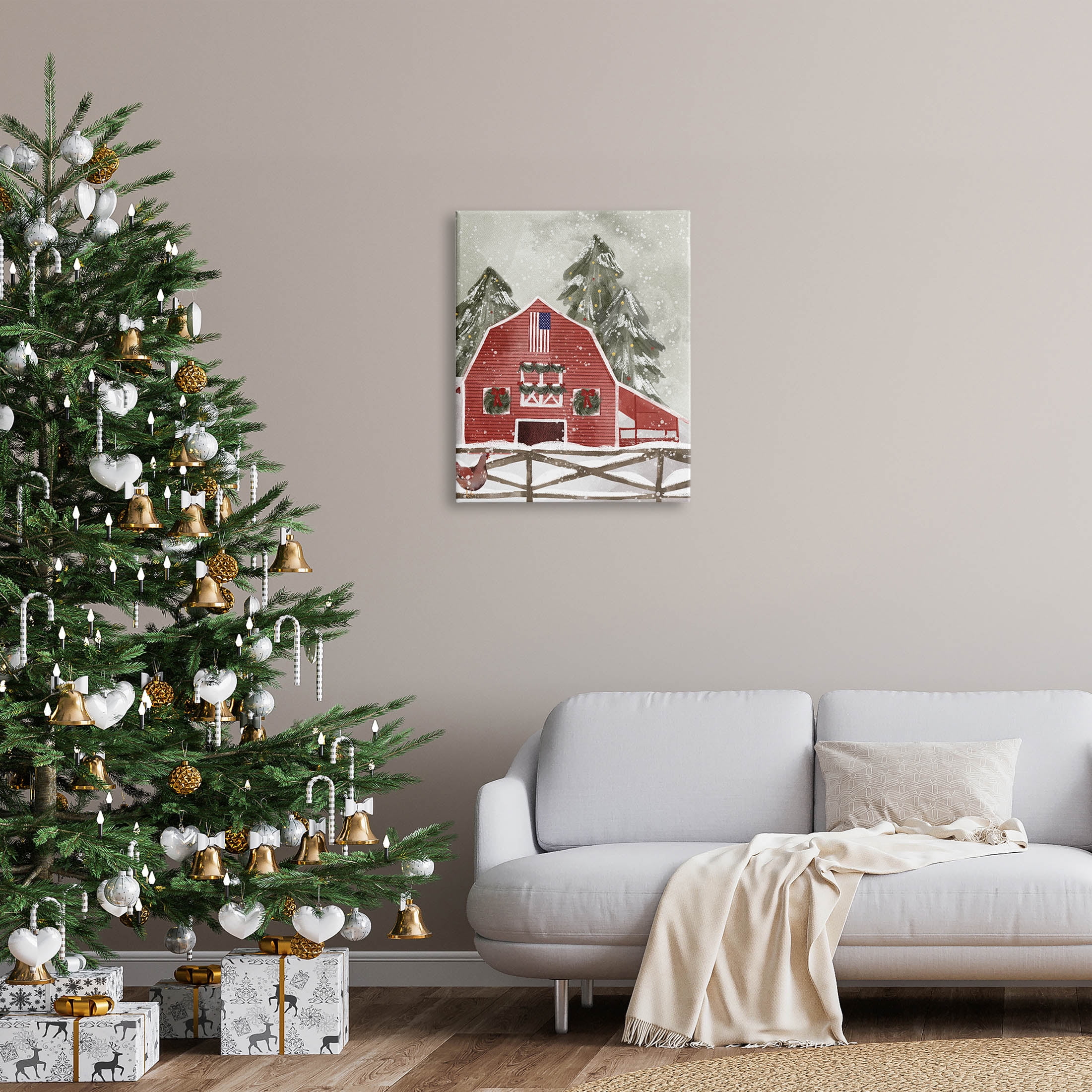 Stupell Industries Americana Barn Holiday Snow Scene Graphic Art Gallery Wrapped Canvas Print Wall Art, Design by Laura Konyndyk