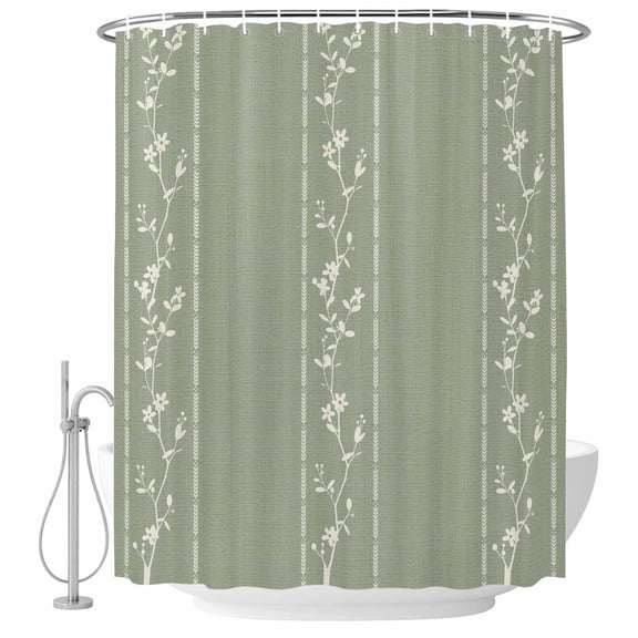 66x72 Inch Shower Curtains for Bathroom, Green Flower Branch Fabric Bath Curtain Decor, Spring Summer Farmhouse Botanical Waterproof Restroom Curtains Shower Set Accessories with 12 Hooks 66 Inch