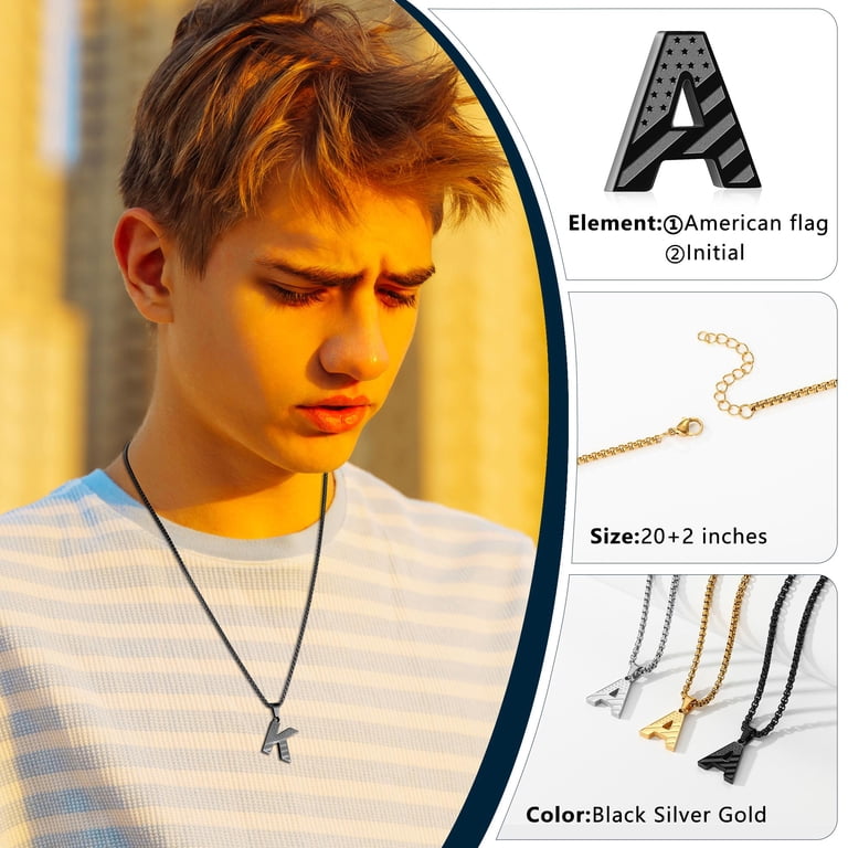 APSVO American Flag Initial Necklace for Men in Black photo 5