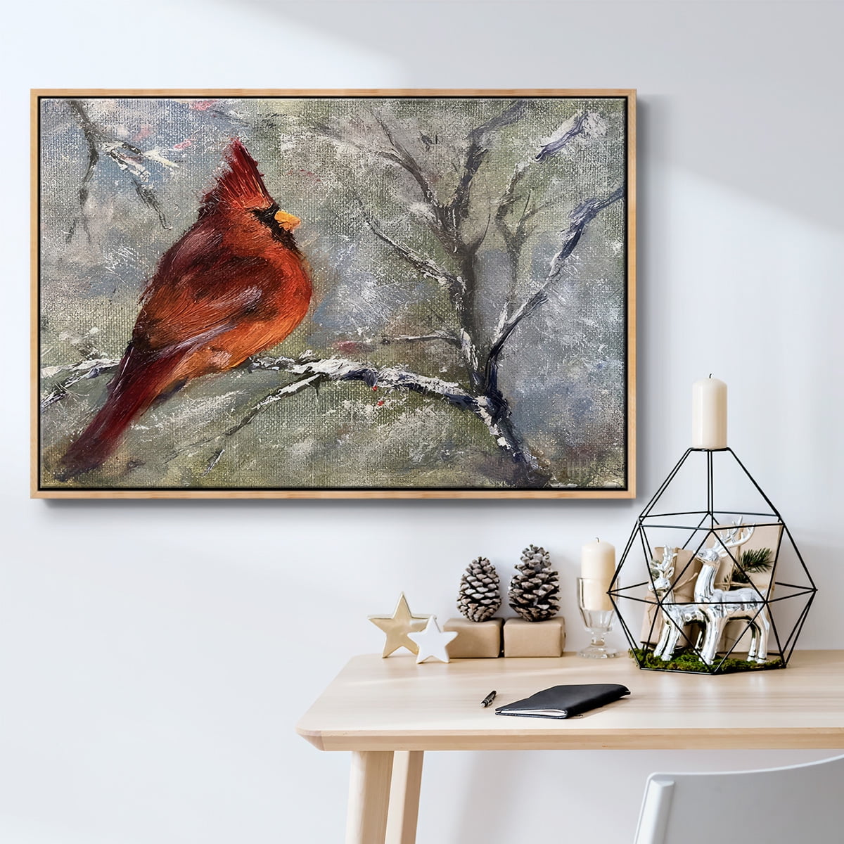 Cardinal in Snow II - Framed Gallery Wrapped Holiday Canvas - 25 x 37 - Natural Wood Frame
