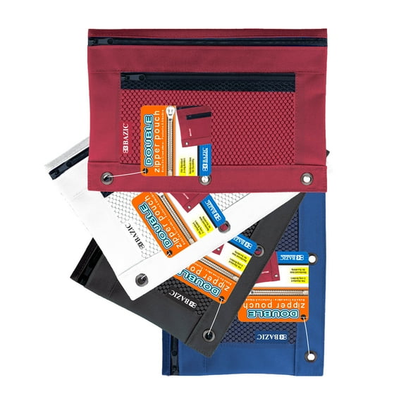 BAZIC 3 Ring Pencil Pouch, Mesh Window, Double Zipper, Assorted Color, 6-Pack