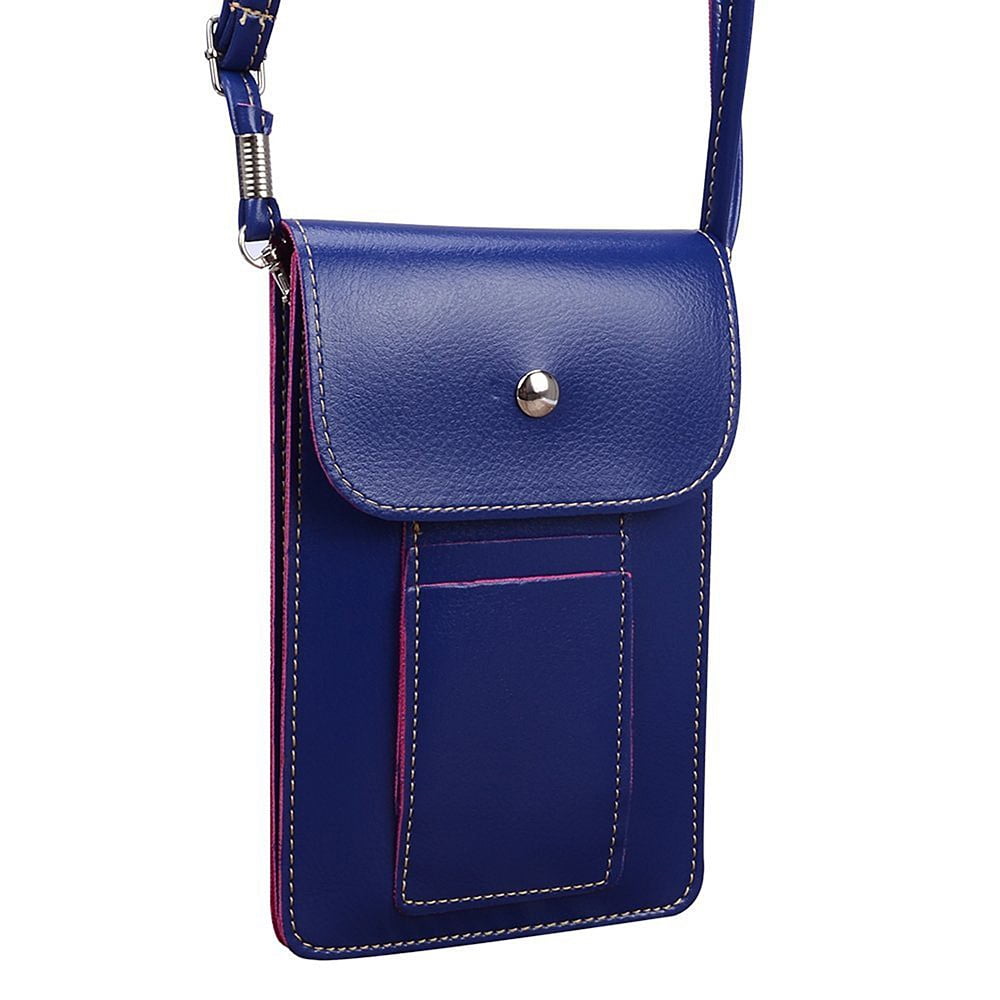 BUNDLE: Vegan Leather Vertical Crossbody Smartphone Pouch Wallet (Blue) & Deluxe Stereo Hands-Free Headset (Blue) - for Smartphones up to 6.5-inch, Shoulder Strap, Headphones w/ Microphone