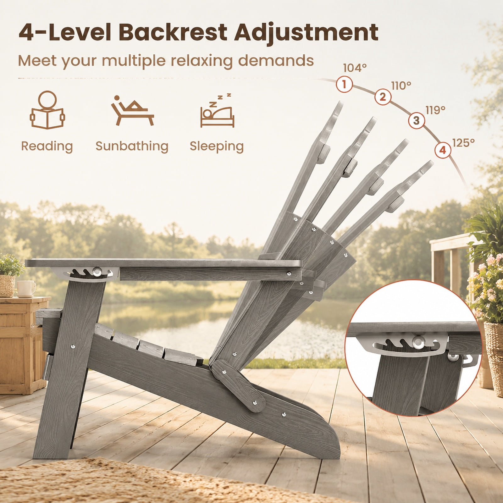 Furnibear All Weather HIPS Folding Adirondack Lounge Chair with 4 Position Backrest Retractable Footrest and Cup Holder for Patio Lawn Garden, Gray