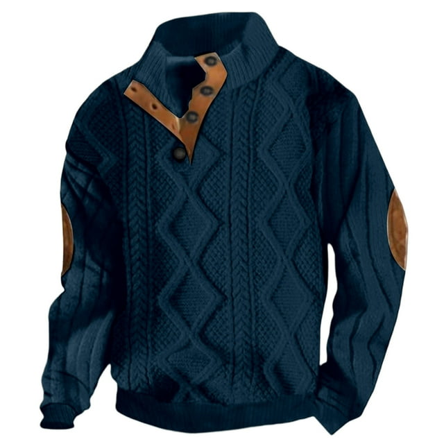 Wdgfv Mens Cable Knit Pullover Sweater Casual Long Sleeve Stand Collar Button Knitted Sweaters Navy L