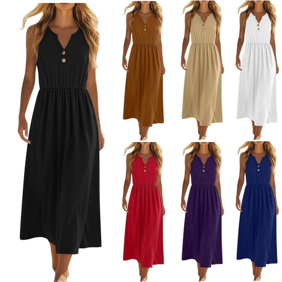 Women Summer Maxi Dress Solid Color Sleeveless V Neck Button Pleated Elegant Flowy Sundress with Pockets Casual Beach Vacation Dresses