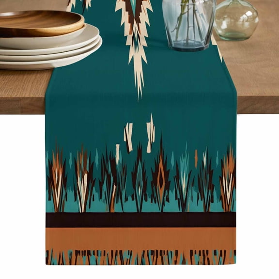 Southwestern Green Table Runner, Boho Ethnic Geometric Retro Washable Cotton Linen Table Runners 36 Inches Long, Dresser Scarf Runner for Nightstand/End Tables/Round Tables 13''x36''