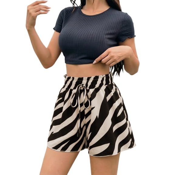 VNKIDY Womens Elastic Waist Zebra Print Casual Shorts With Drawstring Loose Fit Lightweight High Waist Summer Shorts For Beach Trips Daily Wear Stylish Bottoms