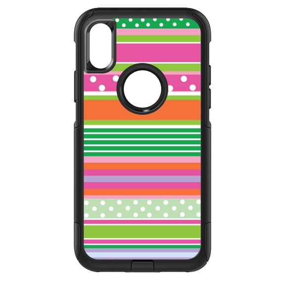 DistinctInk Custom SKIN / DECAL compatible with OtterBox Commuter for iPhone XR (6.1" Screen) - Green Pink White Stripes Polka Dots