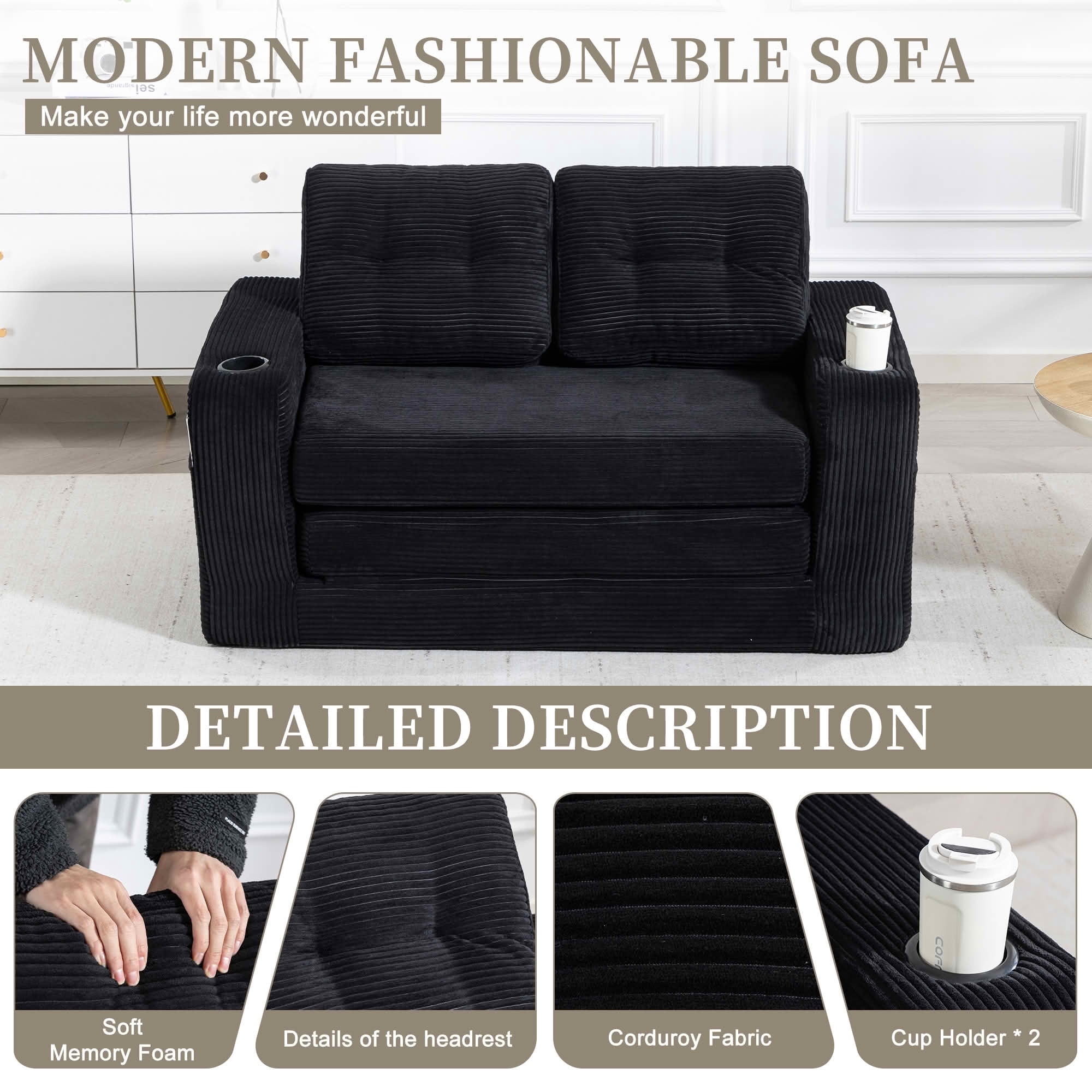 MAYEERTY 2-in-1 Convertible Expandable Sofa Bed, Fold Out Corduroy Floor Couch with Pillows, Side Pockets & Cup Holders for Bedroom Small Living Room