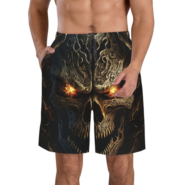 Balery Metal Evil Skull Traje de Baño Estilo Hawaiano para Hombre, Shorts de Secado Rápido con Bolsillos-Large