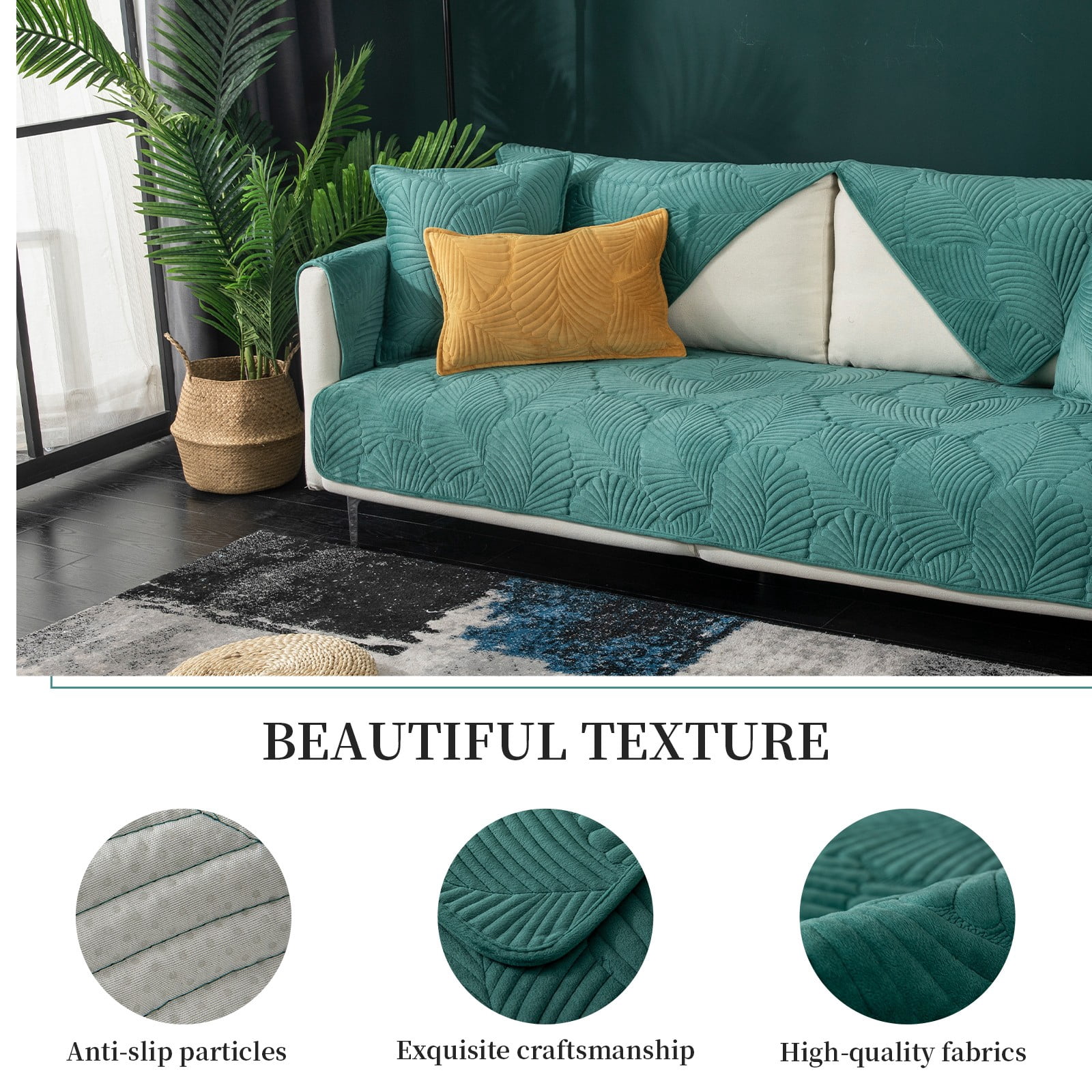 ANMINY Velvet Couch Cover Quilted Velvet Embossed Leaf Pattern Sofa Cover, Machine Washable Couch Protector for Pets & Kids