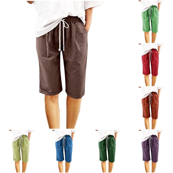 TinyBloomm Long Swim Shorts for Women Women Casual Shorts Comfy Elastic Waist Shorts Mid Rise Slim Fit Short With Pockets, Size M