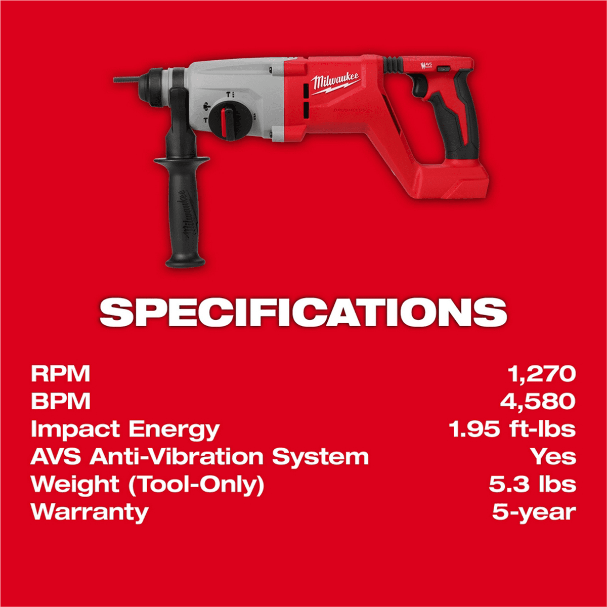 Milwaukee Tool M18 Brushless 1 SDS Plus D-Handle Rotary Hammer