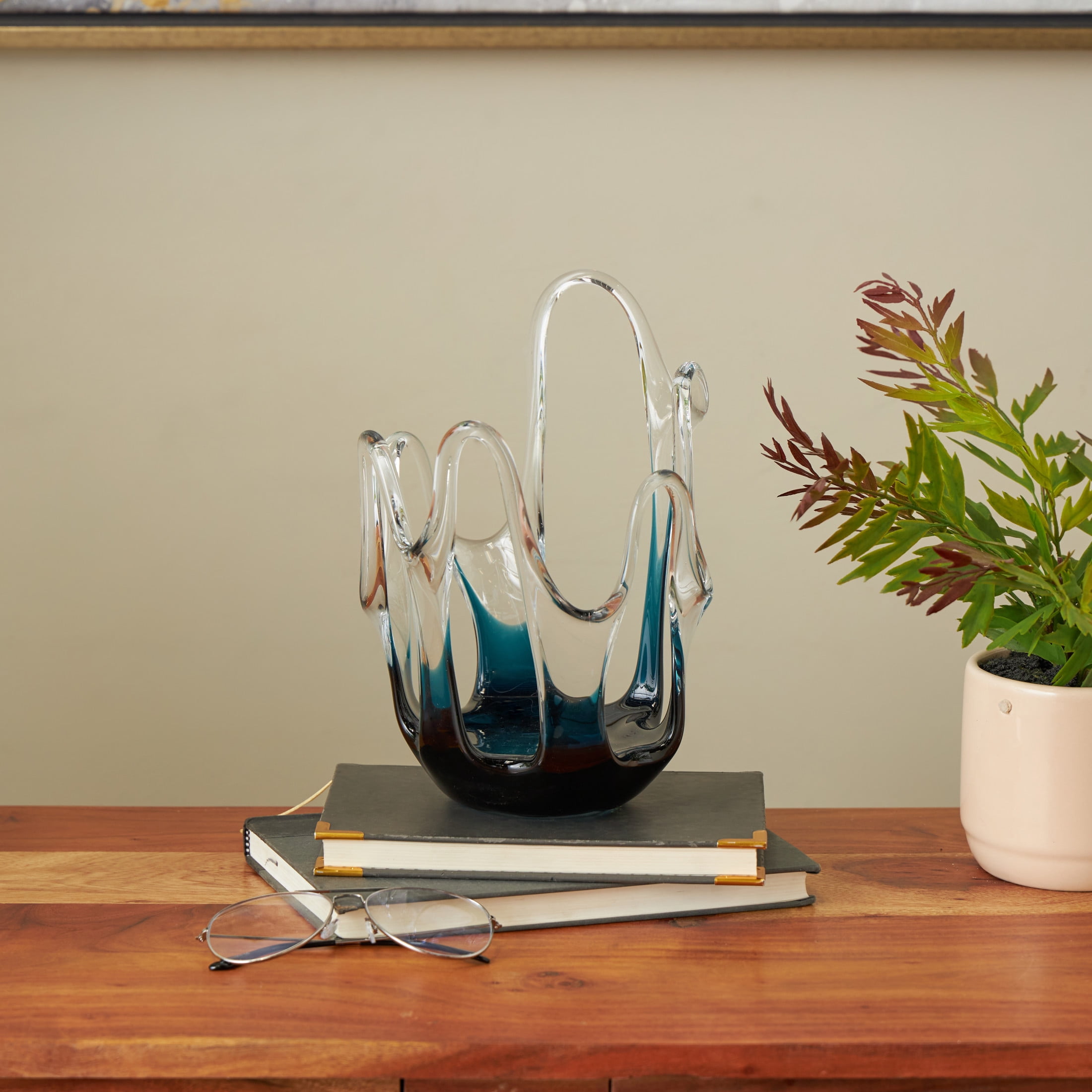 DecMode 10" Abstract Ombre Blue Glass Vase with Wavy Oval Cutouts