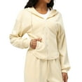 thumbnail image 4 of Women Full-zip Crop Sweatshirt Jacket with Pockets Curved Hem Trendy Casual Hoodie Drawstring Sports Coat Fall Spring (L, Beige), 4 of 7