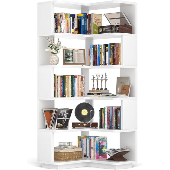 Aheaplus 6-Tier Corner Bookshelf, Freestanding L-Shaped Etagere with Baffles, Space-Saving Display Storage Shelf for Home Office, Living Room, Bedroom, Kitchen,White