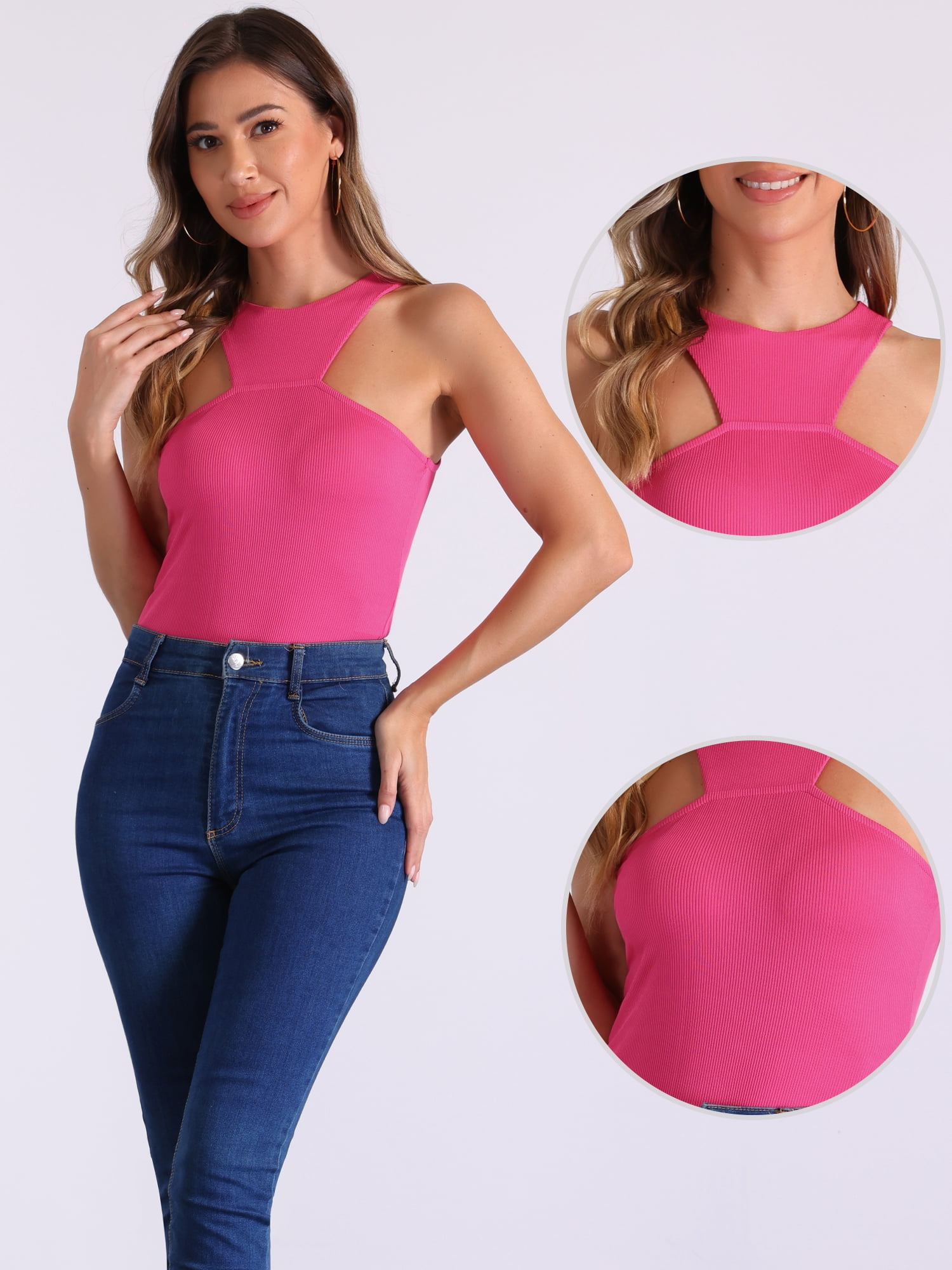 DARING DIVA Sleeveless Asymmetrical Halter Neck Tank Top Bodysuit M Hot Pink