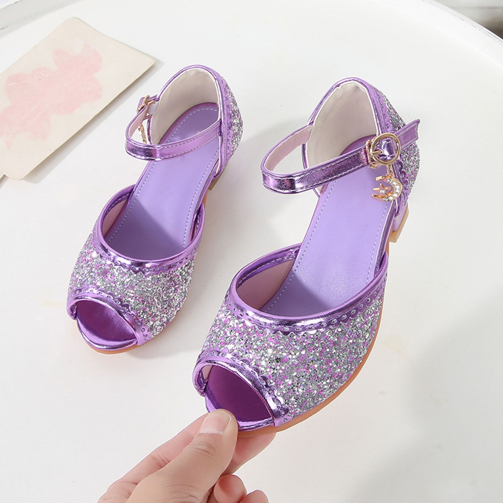 Gubotare Mary Jane Shoes with Low Heel Rhinestones Princess Flats Dress Pump Shoes for Little Kid/Big Kid (Purple,34)