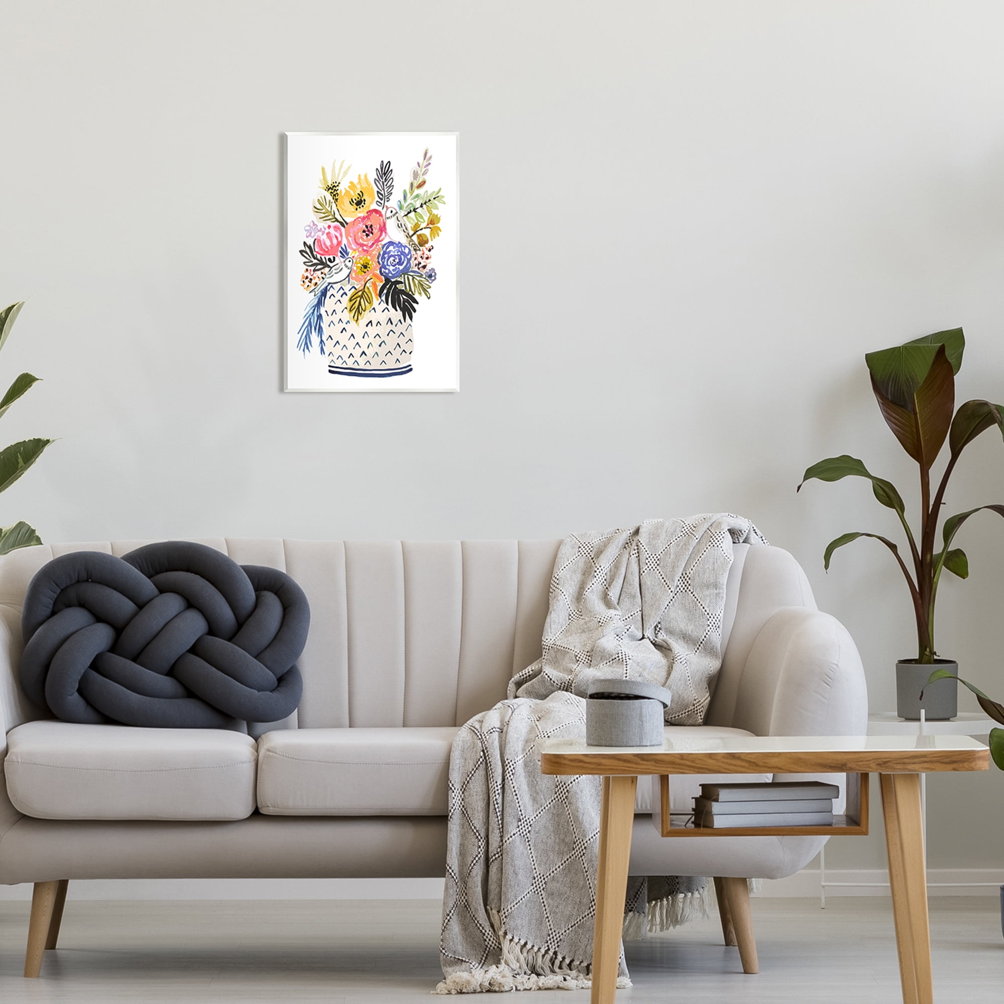 Stupell Birds Perched Fun Floral Blossoms Botanical & Floral Painting Wall Plaque Unframed Art Print Wall Art