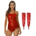 thumbnail image 5 of TiaoBug Womens Latin Modern Jazz Dance Costume Sparkly Sequins Fringe Leotard with Gloves Red XXL, 5 of 7